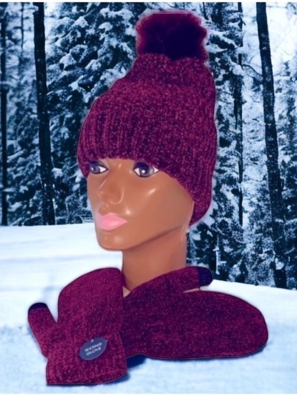 Sag Harbor Women’s Burgundy Chenille Beanie & Texting Mitten Set